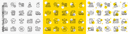 Outline Instruction info, Quick tips and Bike path line icons pack for web with Dress, Report document, Microphone line icon. Qr code, Truck transport, Restaurant food pictogram icon. Vector