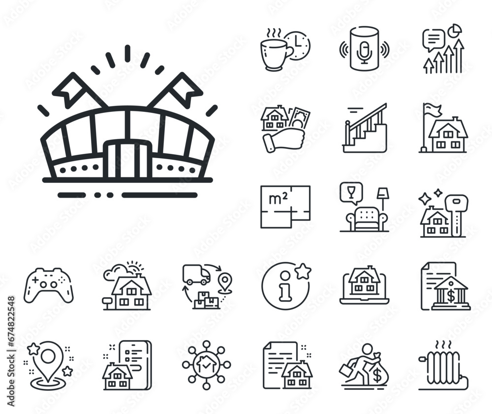 Stadium with flags sign. Floor plan, stairs and lounge room outline icons. Sports arena line icon. Sport complex symbol. Sports arena line sign. House mortgage, sell building icon. Real estate. Vector