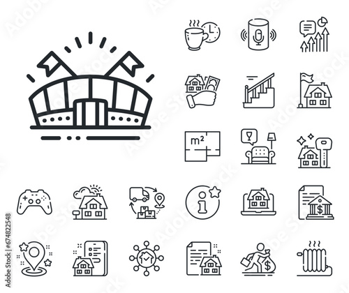 Stadium with flags sign. Floor plan, stairs and lounge room outline icons. Sports arena line icon. Sport complex symbol. Sports arena line sign. House mortgage, sell building icon. Real estate. Vector