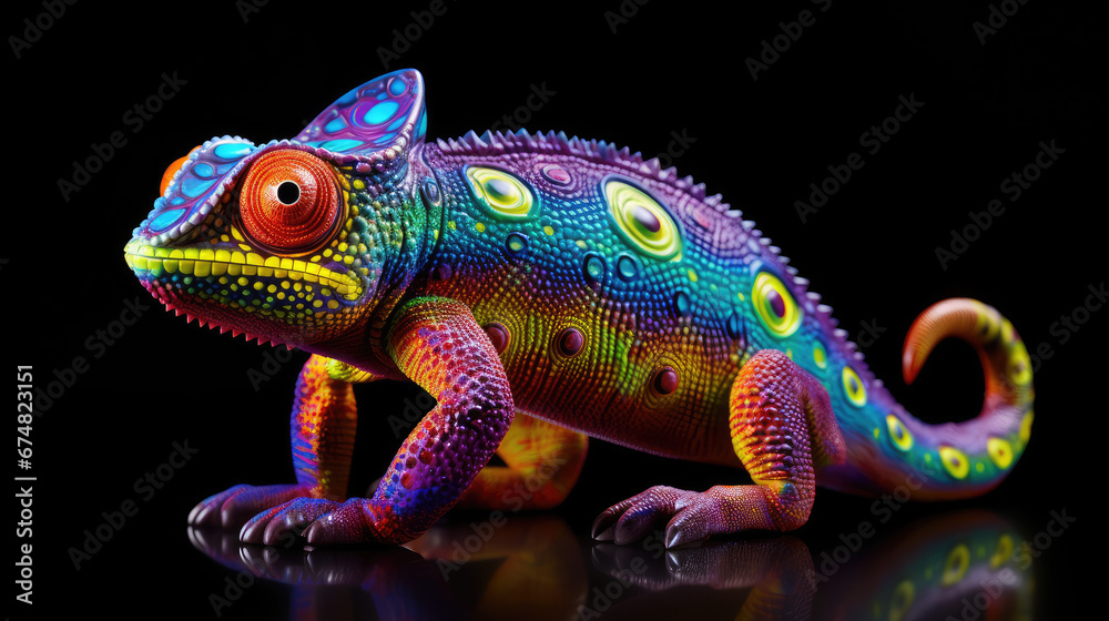 Glowing Psychedelic Chameleon Figurine With Bright Colors, Hyper Realistic Bioluminescent Chamelon Figurine Toy Animal. Psychedelic Toy Animal. Generative AI Glowing Psychedelic Chameleon Figurine With Bright Colors, Hyper Realistic Bioluminescent Chamelon Figurine Toy Animal. Psychedelic Toy Animal. Generative AI