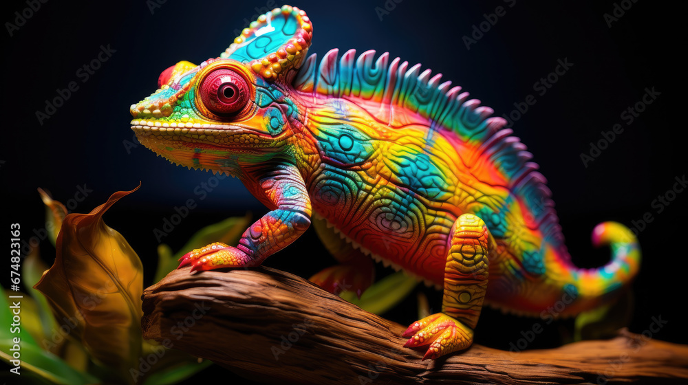 Fototapeta premium Glowing Psychedelic Chameleon Figurine With Bright Colors, Hyper Realistic Bioluminescent Chamelon Figurine Toy Animal. Psychedelic Toy Animal. Generative AI