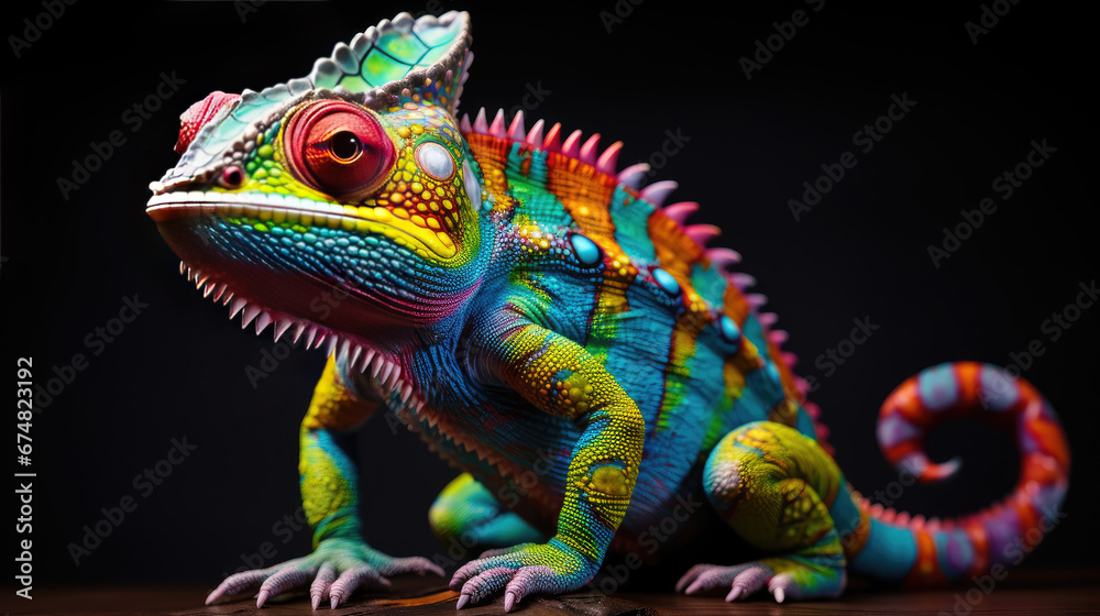 Glowing Psychedelic Chameleon Figurine With Bright Colors, Hyper Realistic Bioluminescent Chamelon Figurine Toy Animal. Psychedelic Toy Animal. Generative AI - obrazy, fototapety, plakaty 