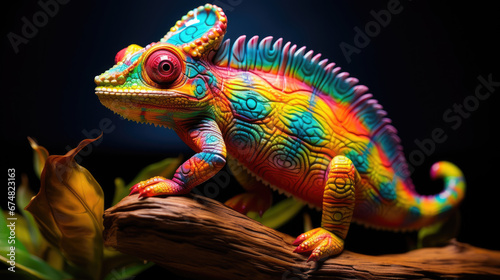 Glowing Psychedelic Chameleon Figurine With Bright Colors, Hyper Realistic Bioluminescent Chamelon Figurine Toy Animal. Psychedelic Toy Animal. Generative AI