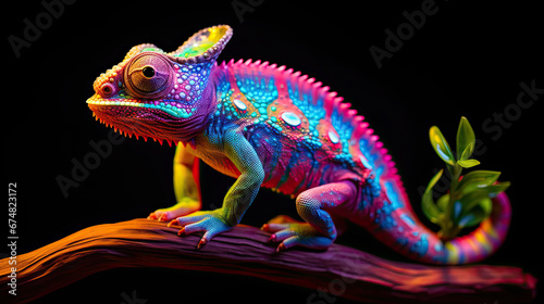 Glowing Psychedelic Chameleon Figurine With Bright Colors, Hyper Realistic Bioluminescent Chamelon Figurine Toy Animal. Psychedelic Toy Animal. Generative AI photo