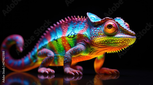 Glowing Psychedelic Chameleon Figurine With Bright Colors  Hyper Realistic Bioluminescent Chamelon Figurine Toy Animal. Psychedelic Toy Animal. Generative AI