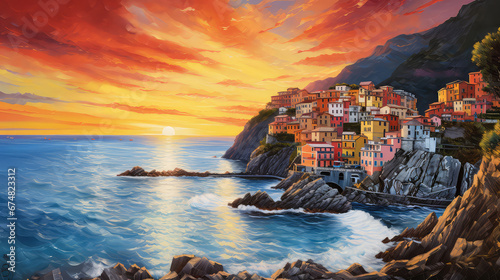 oil painting on canvas, sea view of Cinque Terre. Artwork. Big ben. man and woman on the beach as sunset. Tree. Italy