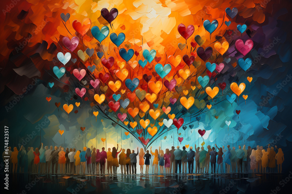 Crowd of multicultural people, colorful hearts in the sky, Freedom day, zero discrimination, human right celebration, friendship and support - obrazy, fototapety, plakaty 