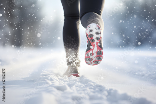 Back view of woman's legs jogging in snow