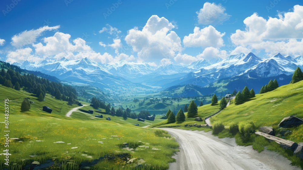 route mountain road alpine landscape illustration forest way, background beautiful, hill sunny route mountain road alpine landscape