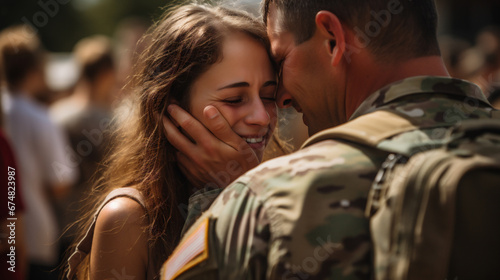 A man in a military uniform hugs a woman. photo