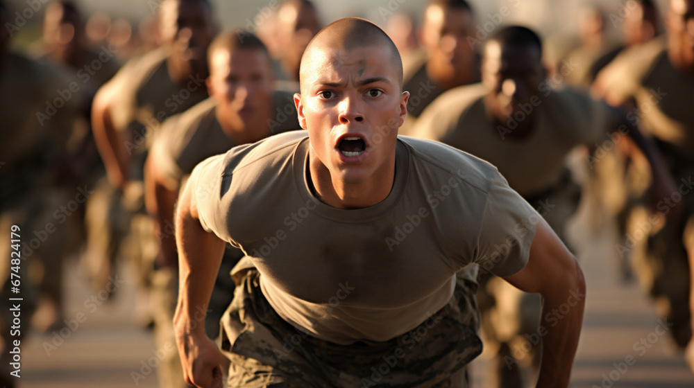 Portrait of a young soldier in military uniform running in the training