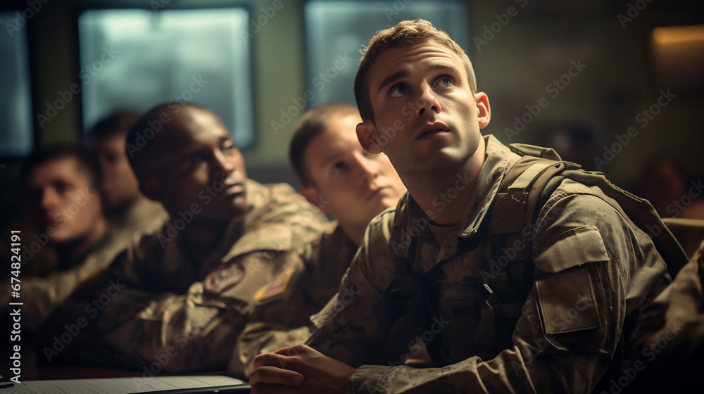 Fototapeta premium Military training. Selective focus of serious soldier looking at camera while sitting in military training room