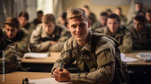 Military training. Selective focus of serious soldier looking at camera while sitting in military training room photo