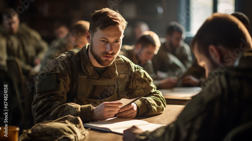 Military training. Selective focus of serious soldier looking at camera while sitting in military training room photo