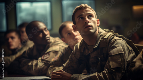 Military training. Selective focus of serious soldier looking at camera while sitting in military training room