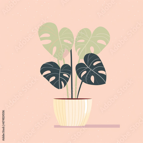 Illustration of potted houseplant Monstera deliciosa (Swiss cheese plant). Flat illustration on pastel pink background. Square. Generative AI