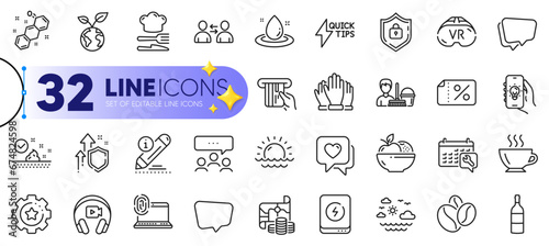 Outline set of Chemical formula, Settings gear and Spanner line icons for web with Chat message, Vr, Skin care thin icon. Meeting, Discount banner, Edit pictogram icon. Wine bottle. Vector