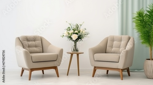 Two beige retro armchairs stand near green flower in pot. Modern beige interrior photo