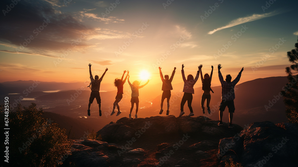 Silhouette of happy group of friends jumping on the top of the mountain at sunset