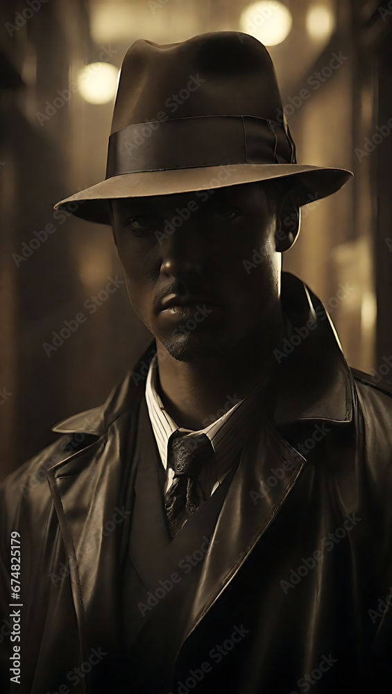 Cautious detective in a sepia-toned, vintage photograph wearing a trench coat.Generative Ai