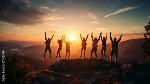 Silhouette of happy group of friends jumping on the top of the mountain at sunset