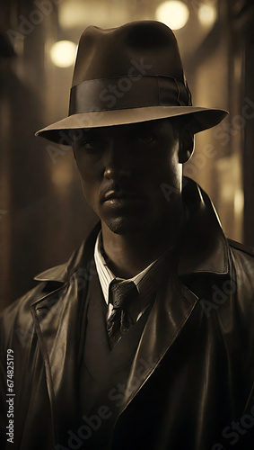 Cautious detective in a sepia-toned, vintage photograph wearing a trench coat.Generative Ai