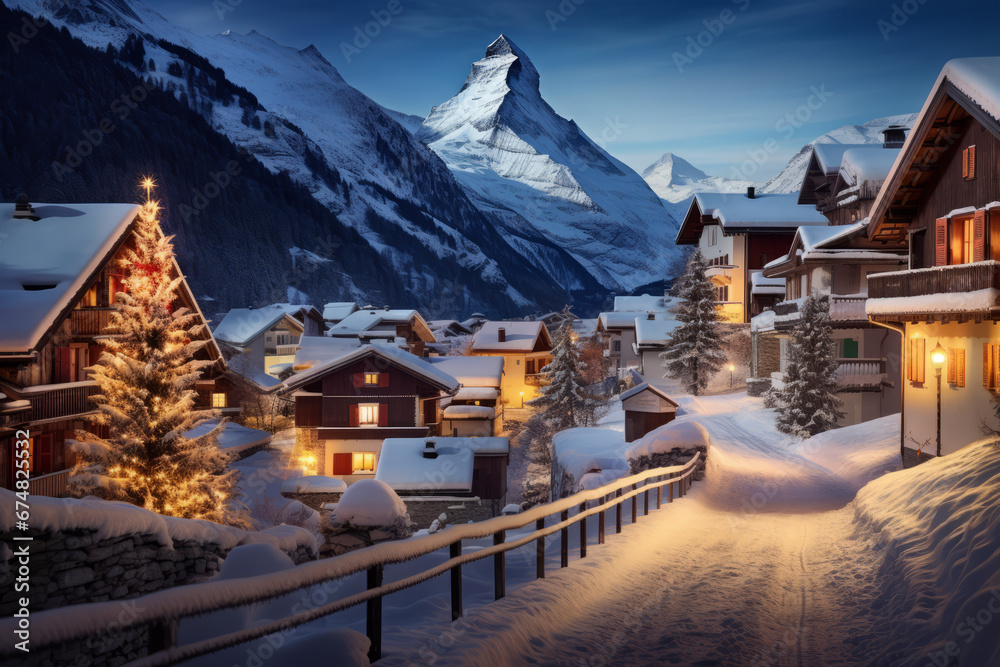 Mountains village before the Christmas - obrazy, fototapety, plakaty 
