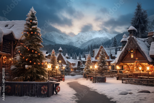 Santa s village hidden behind the mountains surrounded by Christmas trees and snow