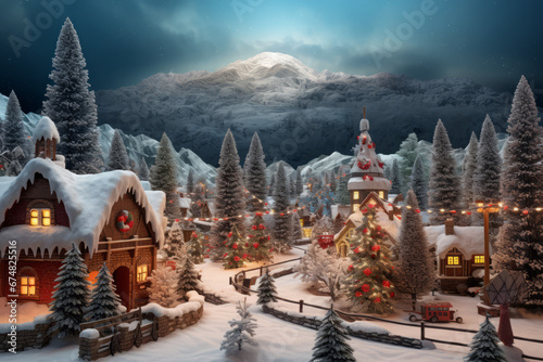 Santa s village hidden behind the mountains surrounded by Christmas trees and snow