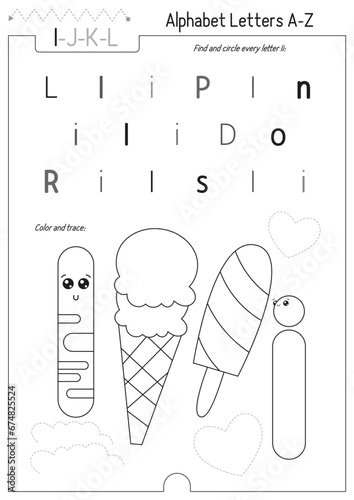 Letter Coloring Worksheet for Kids Activity Book. For Letter I upper and lower case. Preschool tracing lines, shapes and coloring practice for toddler and teacher. Black and white Vector printable