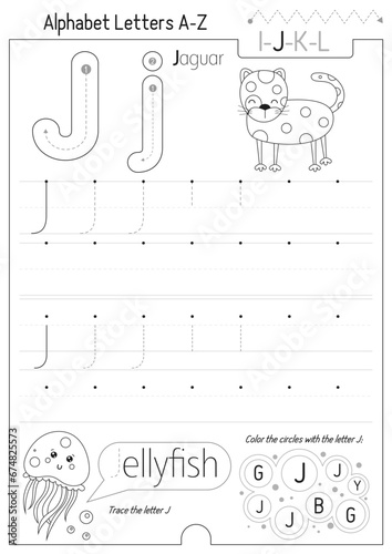 Letter Tracing Worksheet for Activity Book for kids. For Letter J upper and lower case. Preschool tracing and writing practice for toddler and teacher. Black and white Vector printable page 
