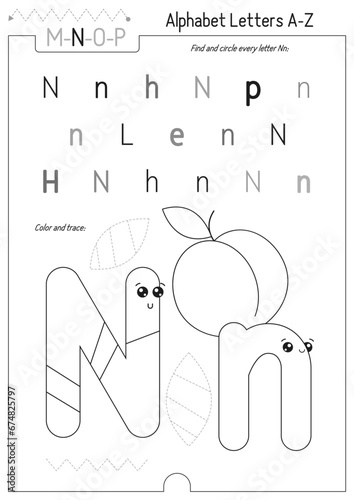 Letter Coloring Worksheet for Kids Activity Book. For Letter N upper and lower case. Preschool tracing lines, shapes and coloring practice for toddler and teacher. Black and white Vector printable