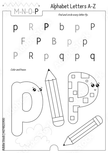 Letter Coloring Worksheet for Kids Activity Book. For Letter P upper and lower case. Preschool tracing lines, shapes and coloring practice for toddler and teacher. Black and white Vector printable