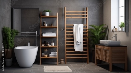 View of interrior of lavatory room in loft style. Modern design of restroom with green rug  towel rack and wooden shelf. Concept of decor accessories