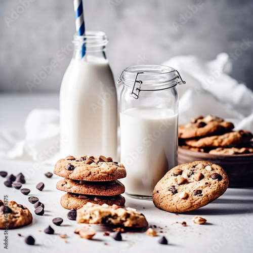 Cookies with milk on white table