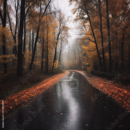 Highway through an autumn, foggy forest. Autumn forest road. Road in the morning in the autumn forest.