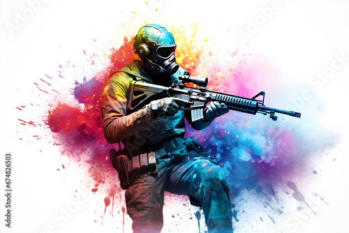 soldier with a gun and gas mask amidst a colorful dust cloud on a white background, Ideal for military, sports, entertainment, and inspirational themes