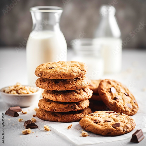 Cookies with milk on white table