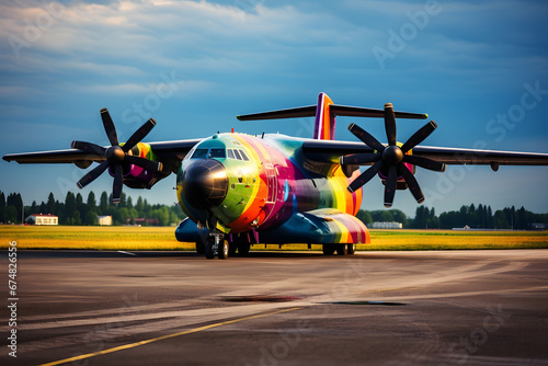 A military cargo aircraft painted in vibrant camouflage sits on the airport tarmac, symbolizing peace, diversity, and humanitarian transport