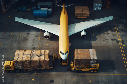 aerial view of a yellow cargo plane being loaded with freight and packages at an airport. This image is perfect for concepts related to logistics, air cargo, transportation, and shipping