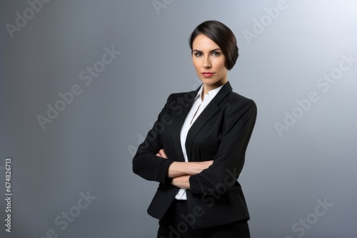 Serious wealthy female corporate manager looking at the camera thinking in future investments