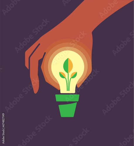 renewable energy. A human hand holding a plant. The plant is the filament of a lamp. Vector illustration.