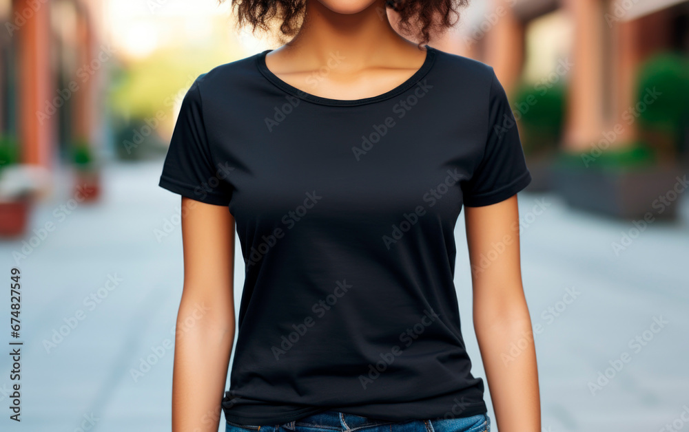 Young Woman wearing a black T Shirt Mockup on a city street. AI Generative