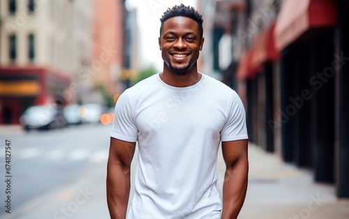 T Shirt Mockup. African american man wearing a white blank T-shirt on the city street. AI Generative