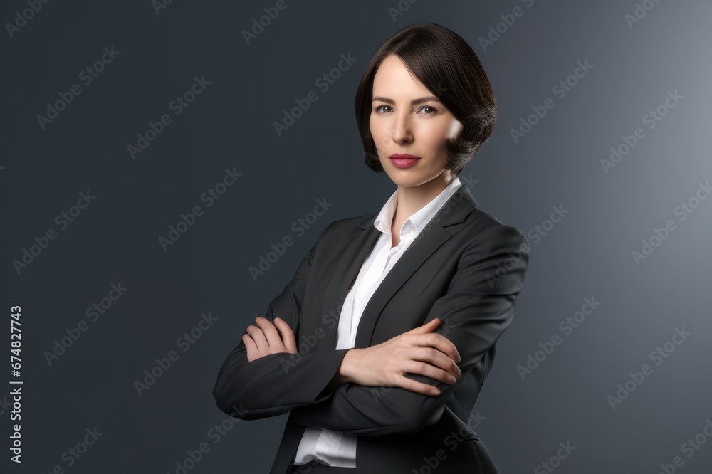 Serious wealthy female corporate manager looking at the camera thinking in future investments Serious wealthy female corporate manager looking at the camera thinking in future investments