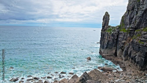 View of Pembrokeshire Coast National Park in Wales. Rochy Cliffs by the seashore near Saint Govan's Chapel, 4K. photo