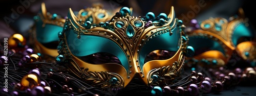 Mardi Gras holiday.carnival mask and beads decoration. Purple, Gold, and Green colors. banner