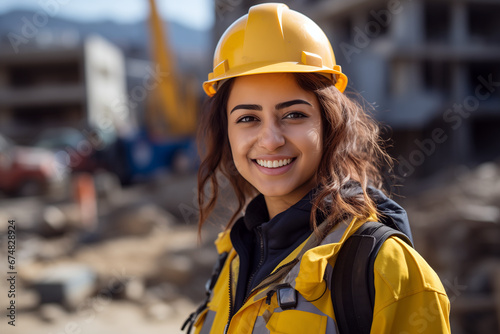 female construction worker wearing hard helmet and vest. woman doing mens job and having fun.