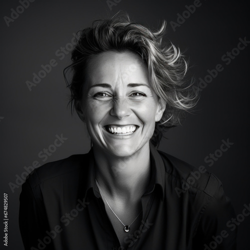 portrait noir et blanc studio sur fond noir d'une femme d'affaires, cheffe d'entreprise, souriante et épanoui, heureuse et sûre d'elle