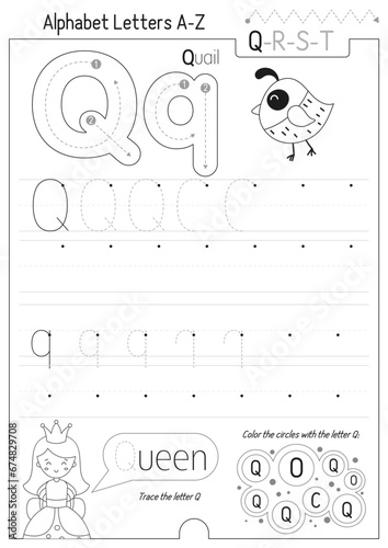 Letter Tracing Worksheet for Activity Book for kids. For Letter Q upper and lower case. Preschool tracing and writing practice for toddler and teacher. Black and white Vector 